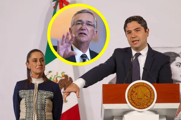 Fotografía de Ricardo Salinas Pliego junto a gráfico de barras descendente que representa el adeudo fiscal.