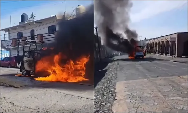 Pobladores de Nopala de Villagrán se congregaron en la comunidad de Jagüey para exigir la cancelación del proyecto carretero que afecta tierras ejidales; durante la manifestación incendiaron una patrulla de la Policía Municipal. Fotos: RRSS