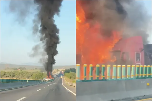Equipos de emergencia laboran en el km 74+500 del Arco Norte tras el choque de dos unidades de carga que mantiene cerrada la vía hacia Texmelucan, Puebla. Fotos: Cortesía