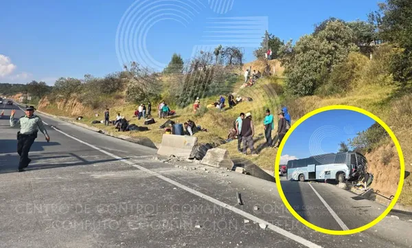 Un autobús de pasajeros se estrelló contra un cerro en la autopista Arco Norte, a la altura del municipio Españita, en Tlaxcala. Foto: C5i Tlaxcala