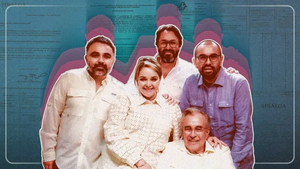 Infografía de la red de socios de los hijos de Rubén Rocha Moya y contratos en Sinaloa.