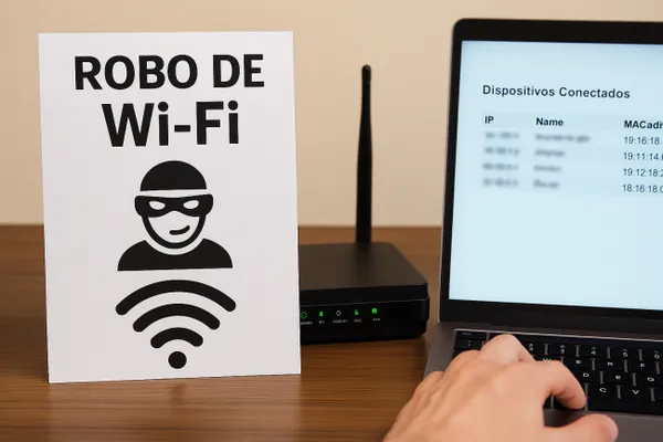 Modem doméstico con luces encendidas sobre una mesa