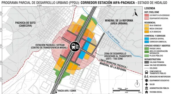 Mapa del Programa Parcial de Desarrollo Urbano en torno a la estación del Tren AIFA-Pachuca