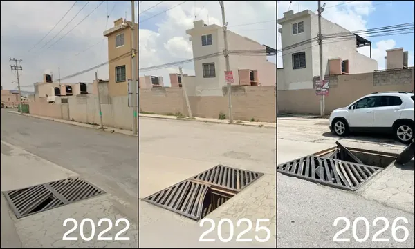 La coladera colapsada sobre la calle Jesús Lugo, frente al fraccionamiento Esmeralda en Zempoala, permanece abierta y sin señalización tras varios años de deterioro acumulado. Foto: Reporte Ágora