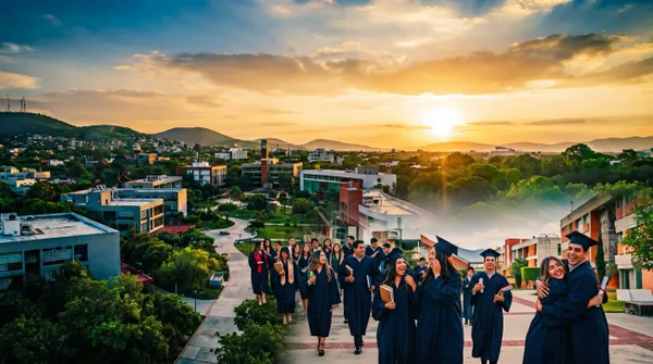 Estudiantes universitarios celebrando su graduación al atardecer en un campus educativo en Hidalgo.