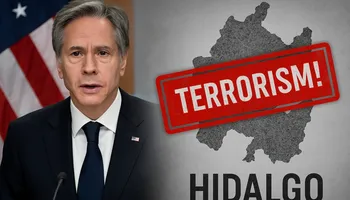 Secretario de Estado de EE.UU. junto a mapa de Hidalgo con sello de advertencia por terrorismo, crimen organizado y secuestro.