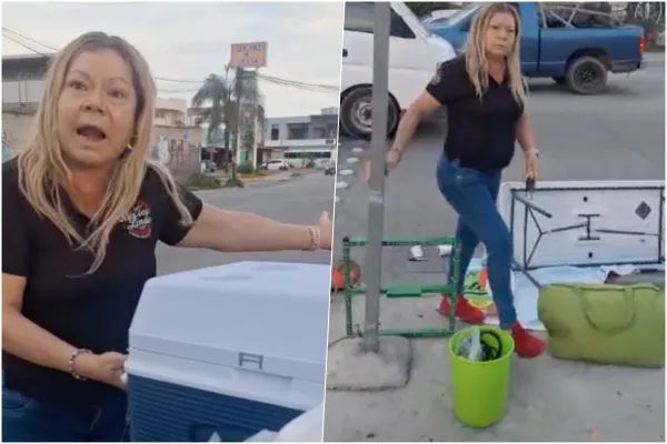 Apodada como Lady Tamales, una mujer es exhibida por destruir el puesto de una vendedora ambulante.