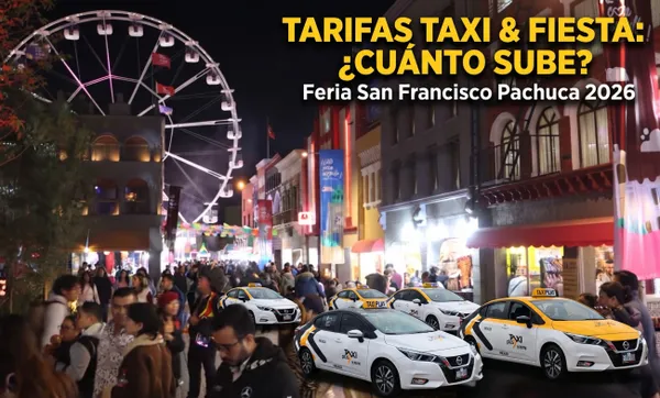 Unidades de transporte público y taxis formados sobre el bulevar principal durante el inicio de la Feria San Francisco Pachuca 2026.