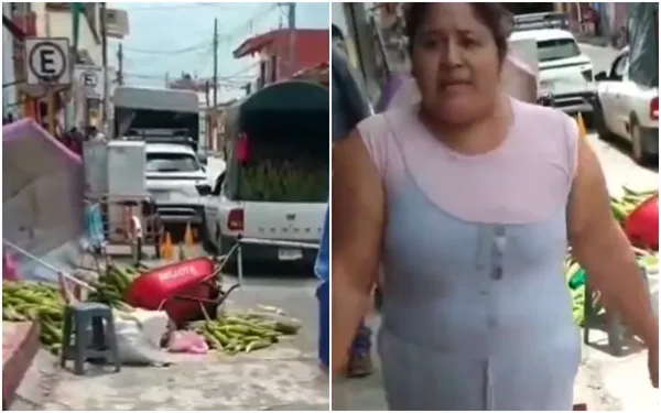 Puesto de elotes destruido en el suelo tras el incidente con "Lady Elotes" en Misantla, Veracruz.