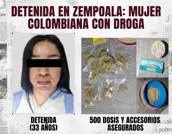 Detención de mujer colombiana en Zempoala por elementos de la SSPH con dosis de marihuana