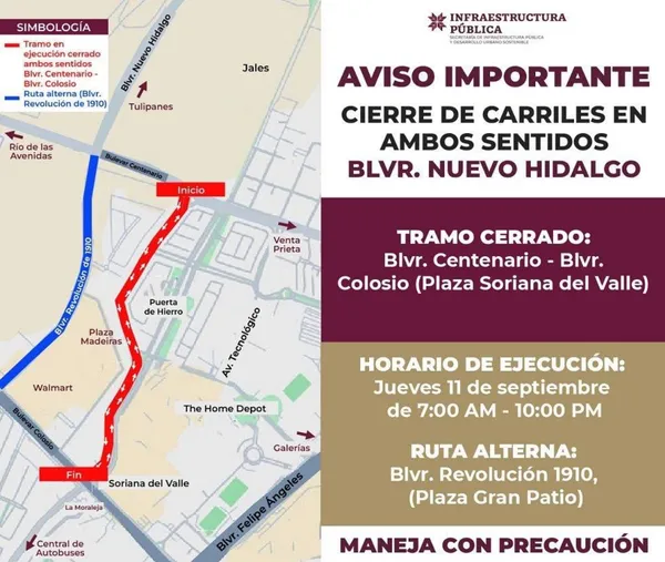 Cierre total del bulevar Nuevo Hidalgo en Pachuca por repavimentación.