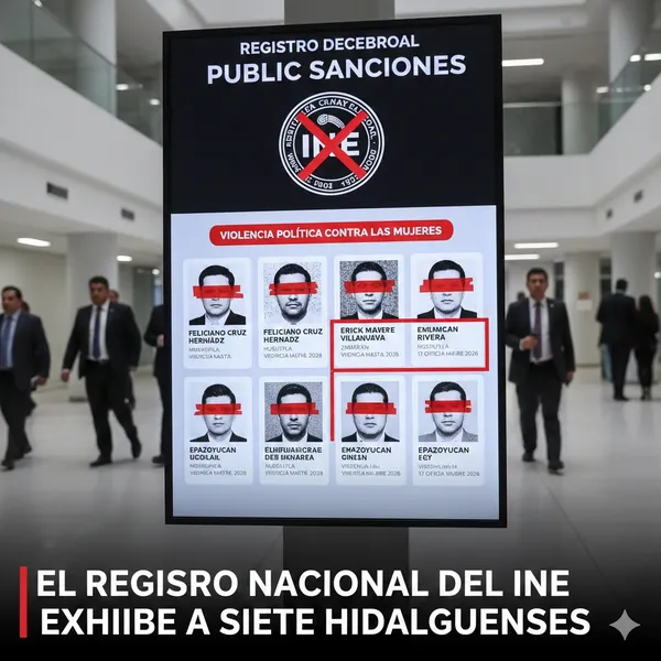 Sello de sanción del INE sobre un fondo de perfiles políticos.