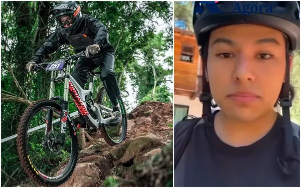Collage con dos imágenes: a la izquierda, ciclista descendiendo por un sendero rocoso con equipo de downhill; a la derecha, hombre con casco negro mirando a la cámara.