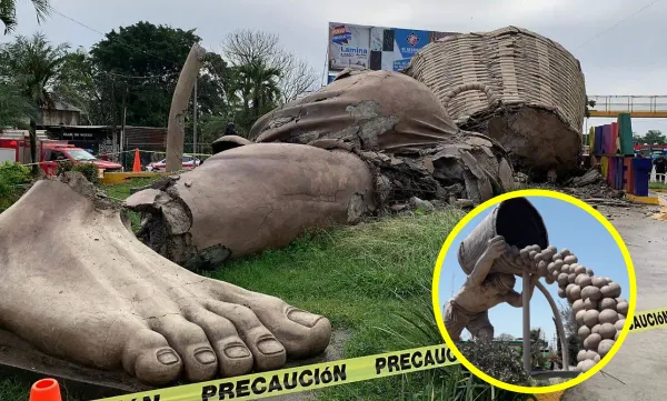 A las 7:40 de la mañana se desplomó la escultura de El Colotero, en Álamo, Veracruz, ciudad que sufrió una fuerte inundación en octubre pasado.