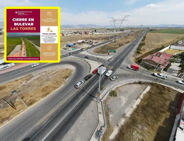 Cierre de un sentido del Bulevar Las Torres en Pachuca por obras; tránsito habilitado en doble sentido.
