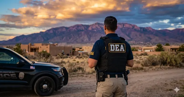 Fachada de las oficinas de la DEA en Nuevo México. La agencia federal enfrenta una investigación penal estatal por presuntamente permitir el libre tránsito de fentanilo entre 2023 y 2025. Foto: Generada con IA de Gemini