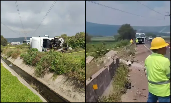 Elementos de emergencia abanderan la zona del accidente en la autopista Arco Norte, tramo Tula, donde el conductor de un autobús perdió la vida tras ser colisionado por un tráiler. Fotos: Cortesía