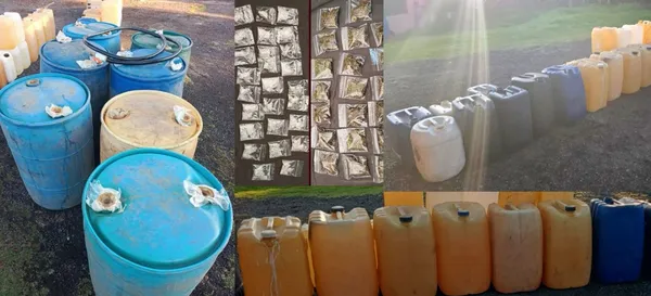 Elementos de la SSPH durante cateos simultáneos en Singuilucan que desmantelaron dos predios de huachicol