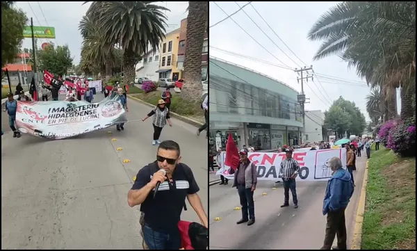 Integrantes de la CNTE Hidalgo marchan este viernes desde el Estadio Hidalgo hacia el centro de Pachuca en exigencia de mejoras salariales y pensionarias. Foto: Reporte Ágora