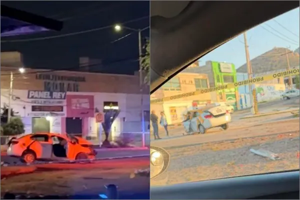 Las autoridades municipales resguardan la zona del accidente en el bulevar del Minero, donde un taxi terminó destrozado tras chocar contra un árbol. Fotos: Cortesía