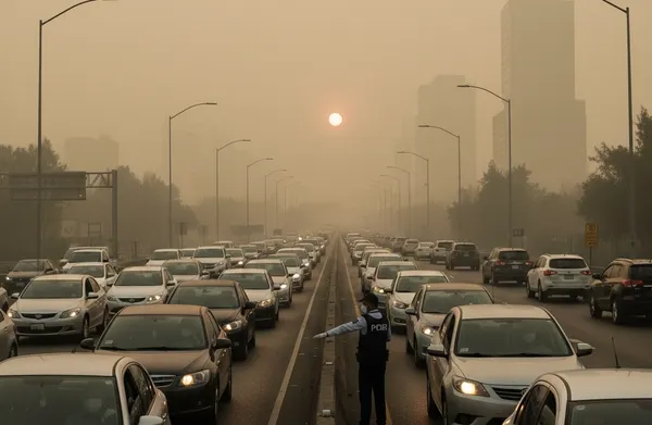 Vista panorámica de una autopista congestionada en la Ciudad de México bajo un cielo denso por la calina y el sol opaco, con un oficial de tránsito dirigiendo el flujo vehicular durante una contingencia ambiental.
