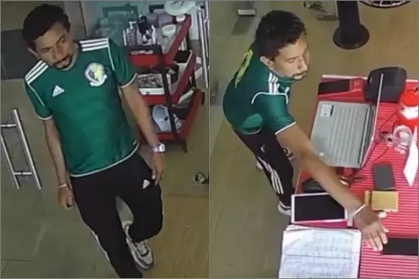 La cámara de seguridad del negocio captó el momento en que un hombre se lleva un celular en Gran Patio Pachuca.