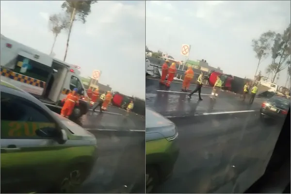 Al menos dos vehículos se accidentaron la tarde de este 26 de enero en la Autopista México-Pachuca, lo que provocó la volcadura de una camioneta, a la altura de Tecámac. Foto: Sánchez López
