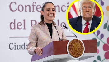 Claudia Sheinbaum en conferencia de prensa junto a una imagen de Donald Trump en un recuadro, al anunciar la suspensión de aranceles del 30% a productos mexicanos y un plazo de 90 días para negociar.