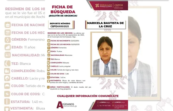 Ficha de búsqueda de Maricela Bautista, niña desaparecida en Xochiatipan, Hidalgo.