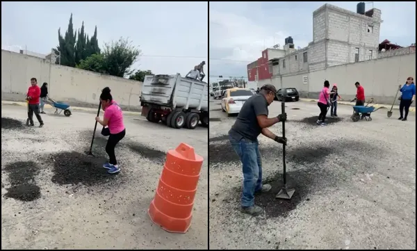 Vecinos y miembros del Comité de Fraccionamientos del Sur aplican asfalto recuperado para tapar baches en la Avenida San Javier, colonia Matilde, ante la falta de mantenimiento del Gobierno Municipal de Zempoala. Fotos: Comité de Fraccionamientos del Sur