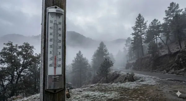 Termómetro marcando frío con neblina en sierra de Hidalgo enero 2026.