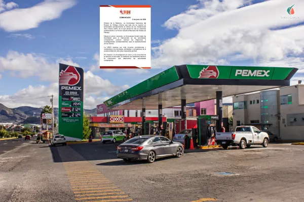 Fachada de Servi Garza y Captura del comunicado oficial emitido por la UAEH respecto al fallecimiento de un policía bancario en Servi Garza.