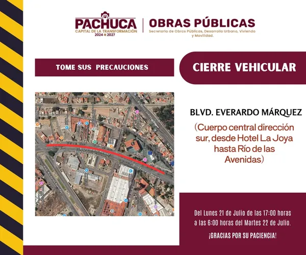 Imagen de anuncio municipal que informa del cierre vial temporal en el bulevar Everardo Márquez del 21 al 22 de julio por obras de mantenimiento.
