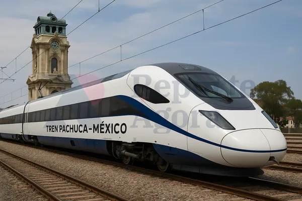 Tren Pachuca–México de alta velocidad frente al Reloj Monumental de Pachuca, parte del nuevo proyecto ferroviario con paradas en Téllez y Tizayuca.