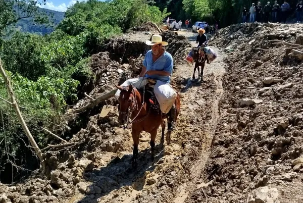 Caballos cargados con despensas cruzan caminos de lodo en Huehuetla, Hidalgo.