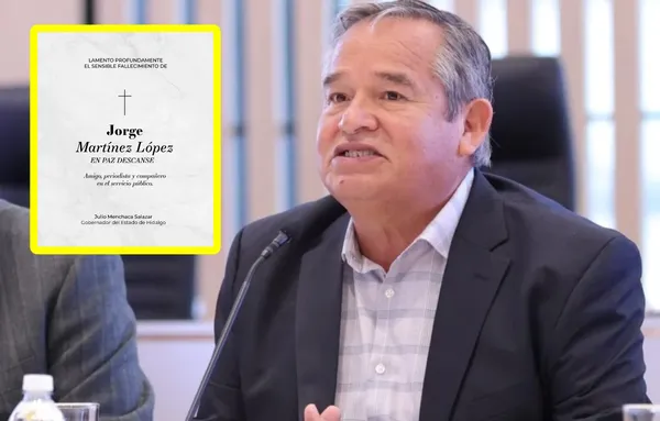 Esquela de condolencias por la muerte del periodista Jorge Martínez López, firmada por el gobernador de Hidalgo.