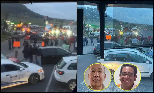 Familiares y compañeros de los trabajadores de CFE mantienen cerrado el paso en la autopista México-Tuxpan, a la altura de San Alejo, Tulancingo, con pancartas donde se lee "Vivos se fueron, vivos los queremos". Fotos: RRSS / Cortesía