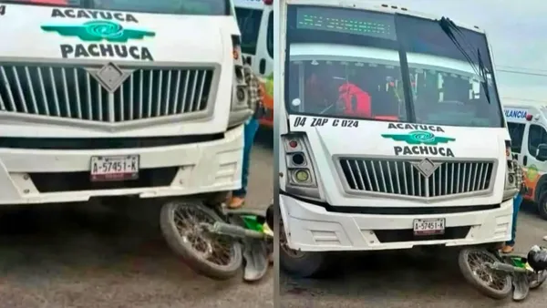 Unidad de transporte público colectivo involucrada en un choque con motocicleta en la carretera México-Pachuca