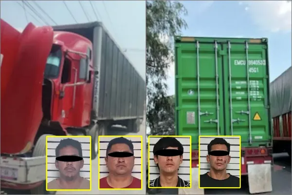 Elementos de la Policía Estatal de Hidalgo aseguraron dos tractocamiones con reporte de robo y detuvieron a cuatro implicados en el municipio de Tepeji del Río. Foto: SSPH
