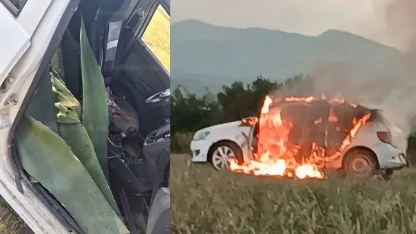 Vehículo incendiado por pobladores en González Ortega por robo de pencas de maguey