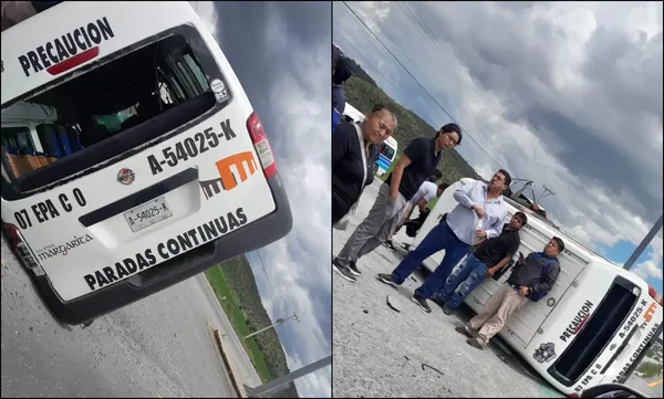 La unidad de transporte público quedó volcada sobre la carretera Pachuca-Sahagún; ocupantes debieron salir por el medallón trasero tras el impacto. Fotos: Cortesía