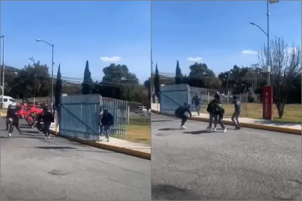 Pelea a golpes entre un grupo de cinco a seis personas fue captada en video por testigos, en las inmediaciones de una caseta de vigilancia, en la escuela del ICSa, de la UAEH. Foto: RRSS
