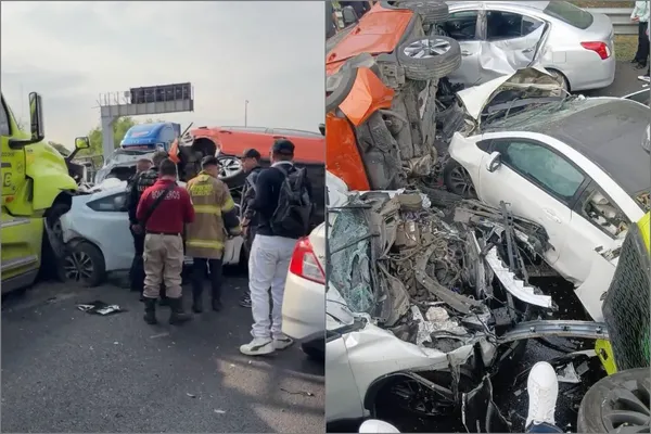 Servicios de emergencia laboran en el kilómetro 37 del Circuito Exterior Mexiquense tras choque múltiple que involucró a un tráiler y nueve vehículos particulares. Fotos: Cortesía