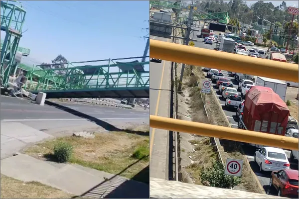 Restos del puente peatonal bloquean la carretera México-Tuxpan tras ser golpeado por una unidad de CFE; el responsable escapó del lugar. Fotos: Cortesía