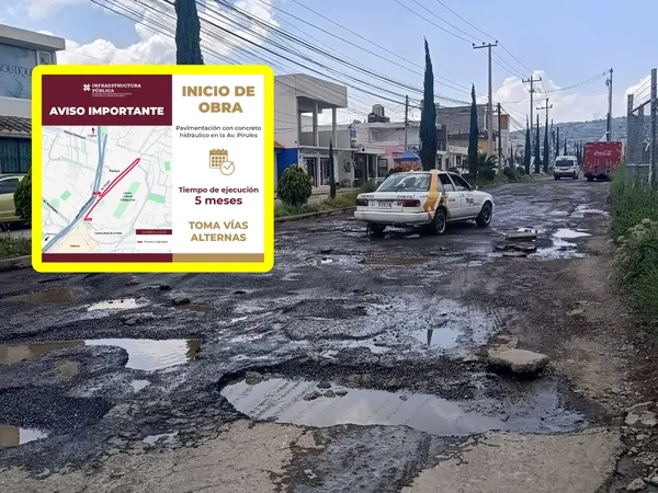 Señalización de cierre vial en Pachuca por obras urbanas