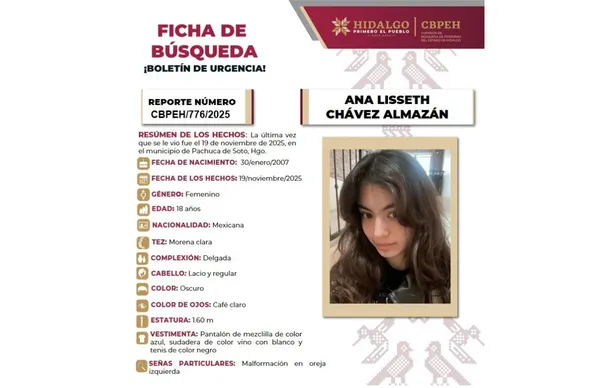 Anna Lisseth Chávez Almazán, de 18 años, fue vista por última vez en la Prepa 1, de la UAEH.