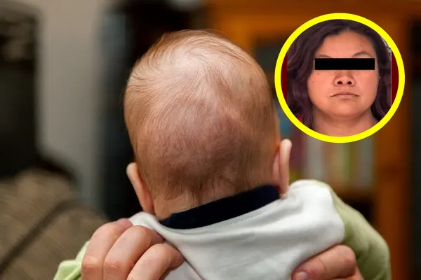 Composición fotográfica que muestra la parte posterior de la cabeza de un bebé y un recuadro con el rostro de una mujer imputada por homicidio en Tizayuca.