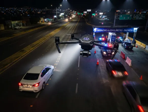 Dron de vigilancia utilizado en operativos de alcoholímetro en Pachuca