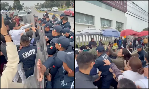 Elementos de la Policía de Hidalgo implementaron un operativo con equipo antimotín para desalojar al personal del ISSSTE que bloqueaba el bulevar Felipe Ángeles en Pachuca. Foto: Captura de pantalla