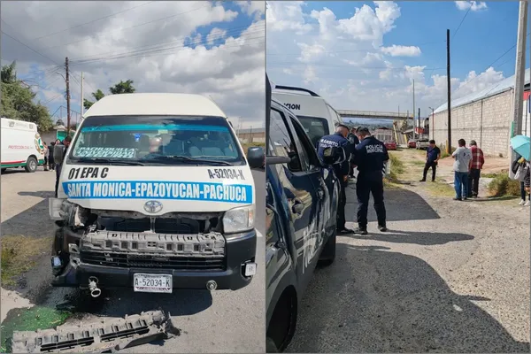 Una combi de la ruta Pachuca-Santa Mónica se salió del camino mientras circulaba por Epazoyucan, lo que provocó que chocara contra una barra de contención.